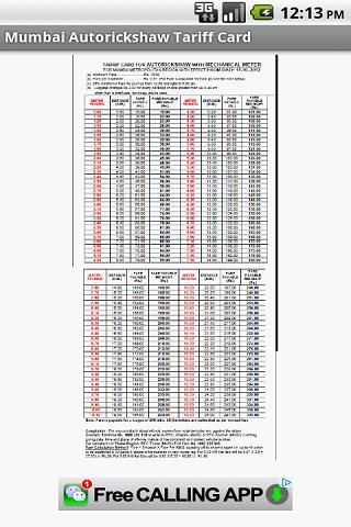 Mumbai Auto tariff card